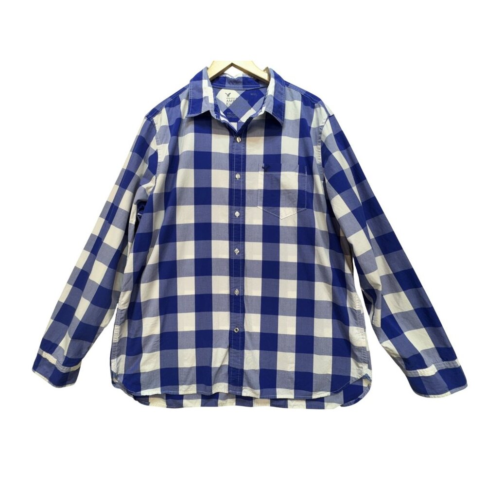 American Eagle Outfitters Mens Classic Button Up Shirt Sze XXL Blue White Plaid